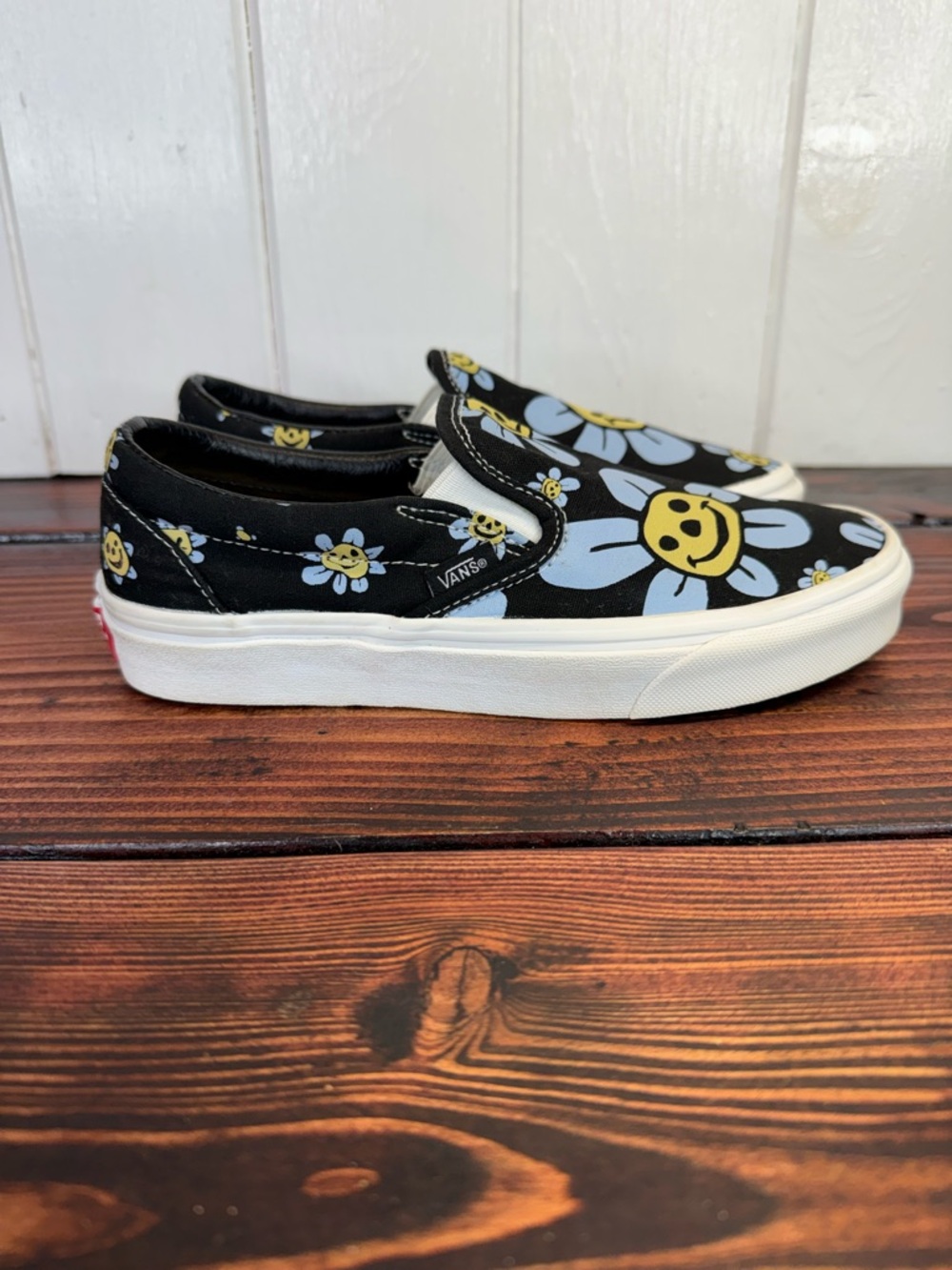 Vans Black Canvas Slip-On Sneakers with Yellow & Light Blue Smiley Flowers - Picture 5 of 8